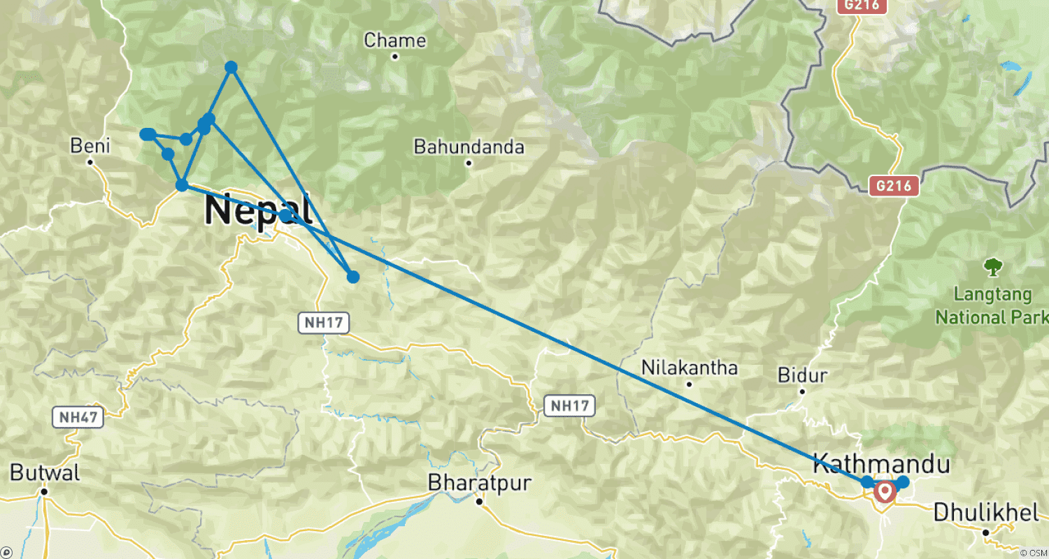 Mapa do percurso de Caminhada de Yoga Annapurna Solidária de 15 Dias
