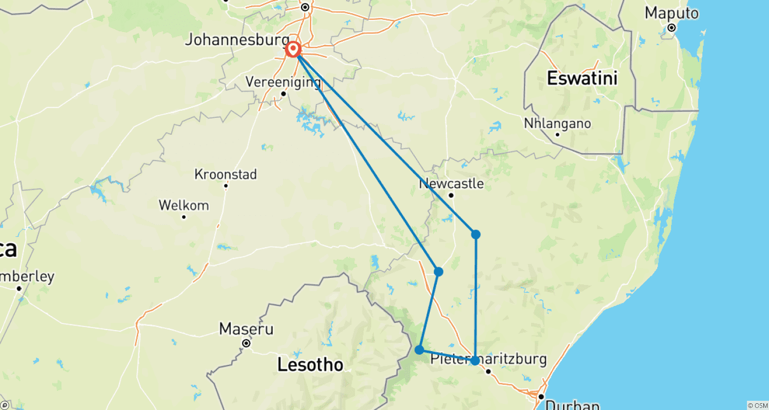 خريطة مسار Drakensberg, Battlefields Route & Midlands Meander Safari South Africa