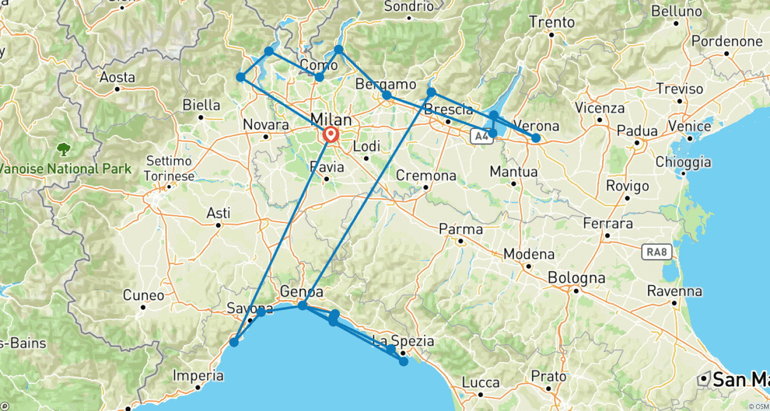 7日間 北イタリアの湖水地方とイタリアン・リビエラ周遊ツアー - ミラノ発のルートマップ