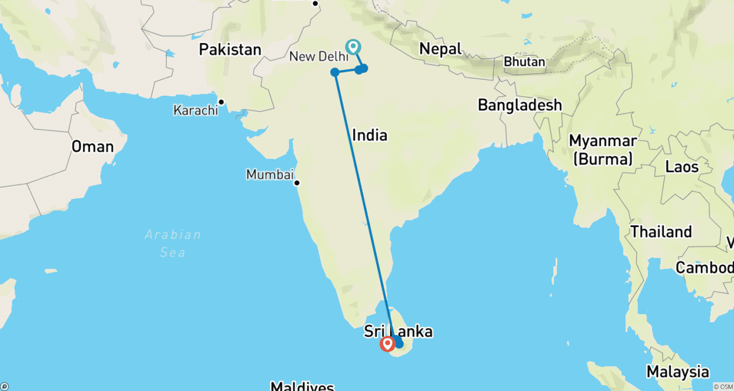 インドのゴールデン・トライアングルとスリランカのルートマップ