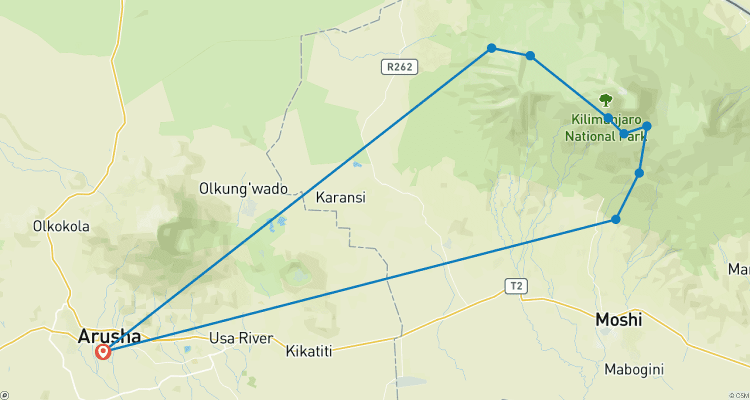 Mapa do percurso de Ascensão ao Kilimanjaro, Rota Lemosho de 8 Dias