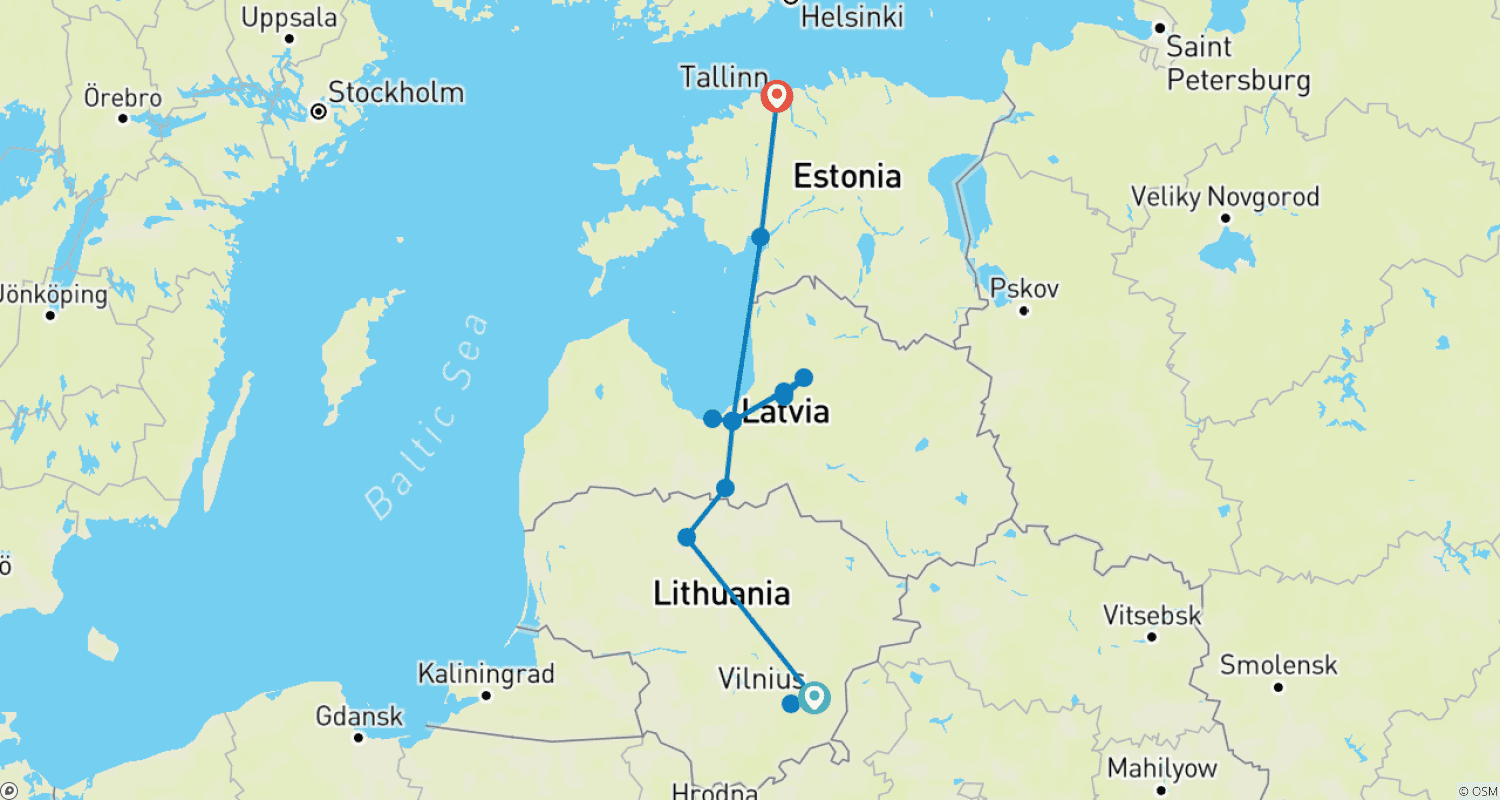خريطة مسار أبرز دول البلطيق في 8 أيام (Vilnius - Riga - Tallinn)