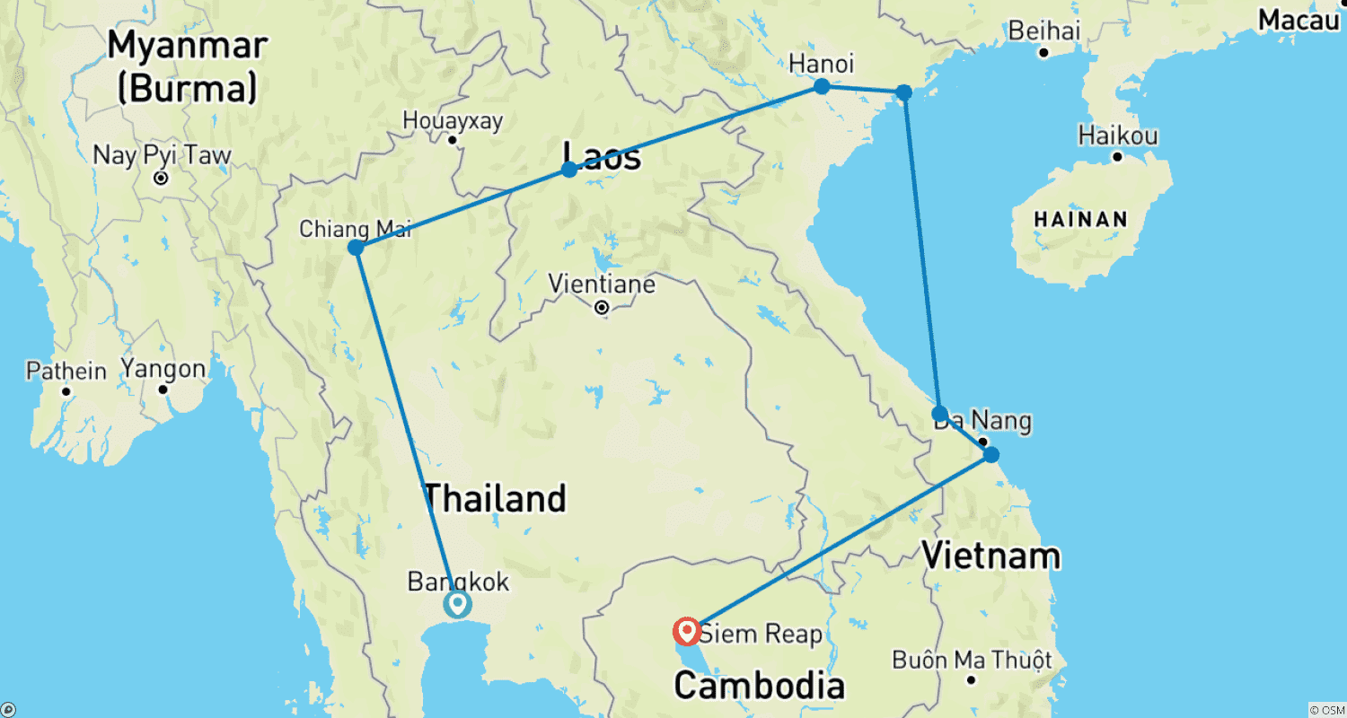 Mapa do percurso de Descoberta do Sudeste Asiático: 19 Dias