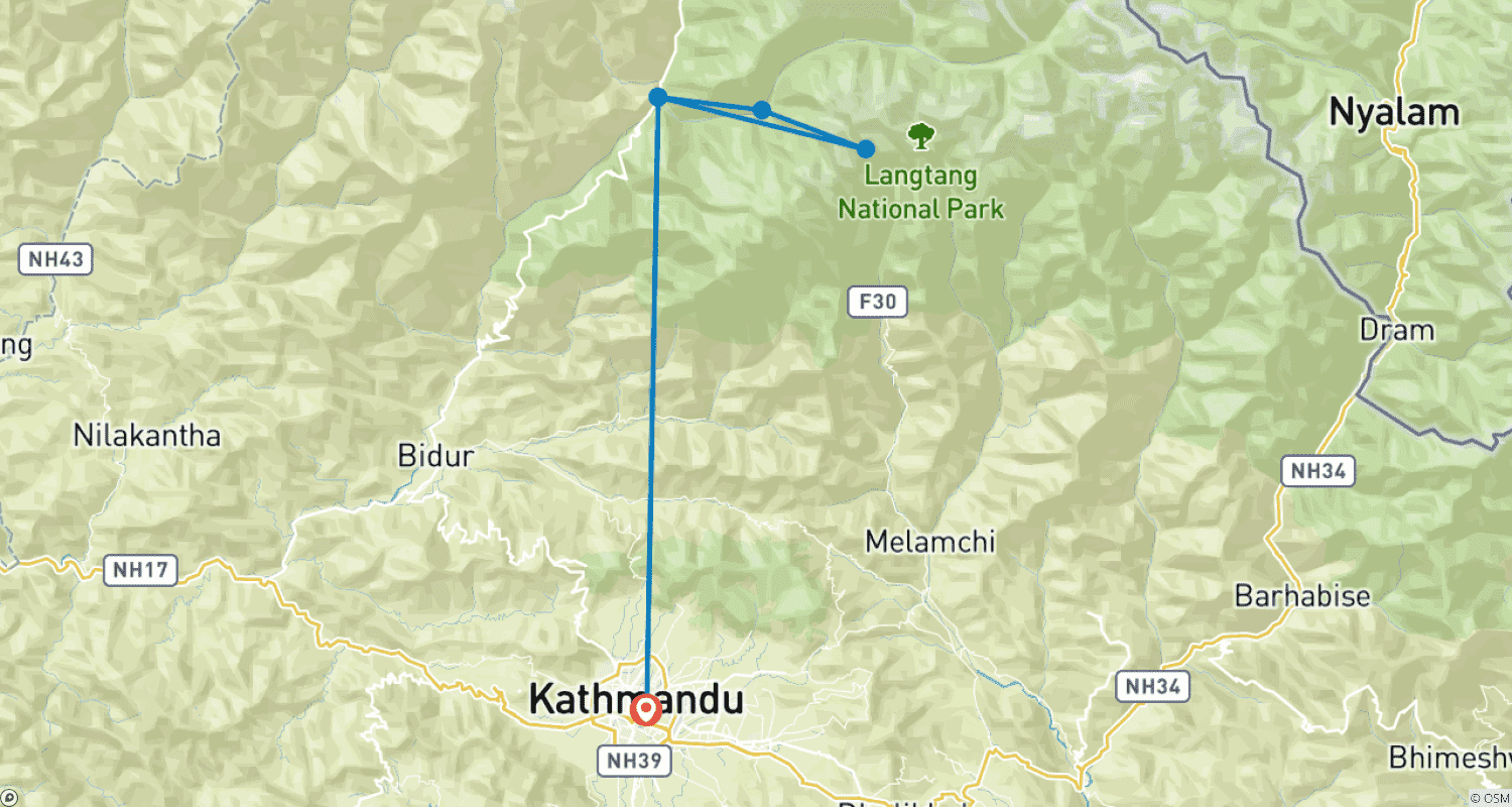 Langtang Valley trek 10 Daysのルートマップ