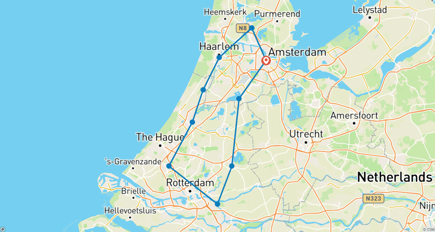 Mapa do percurso de Passeio de Tulipas, Bicicleta e Barco na Holanda