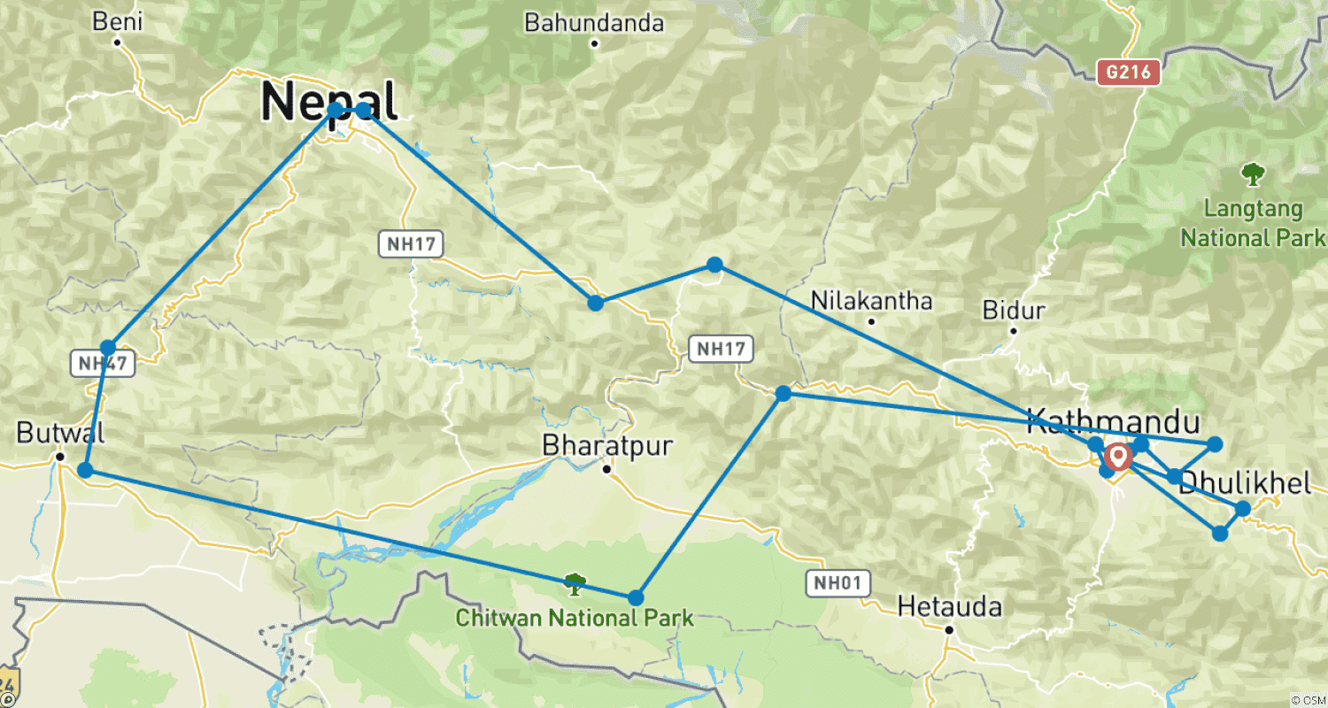 Mapa do percurso de Uma Aventura com Sabor do Nepal