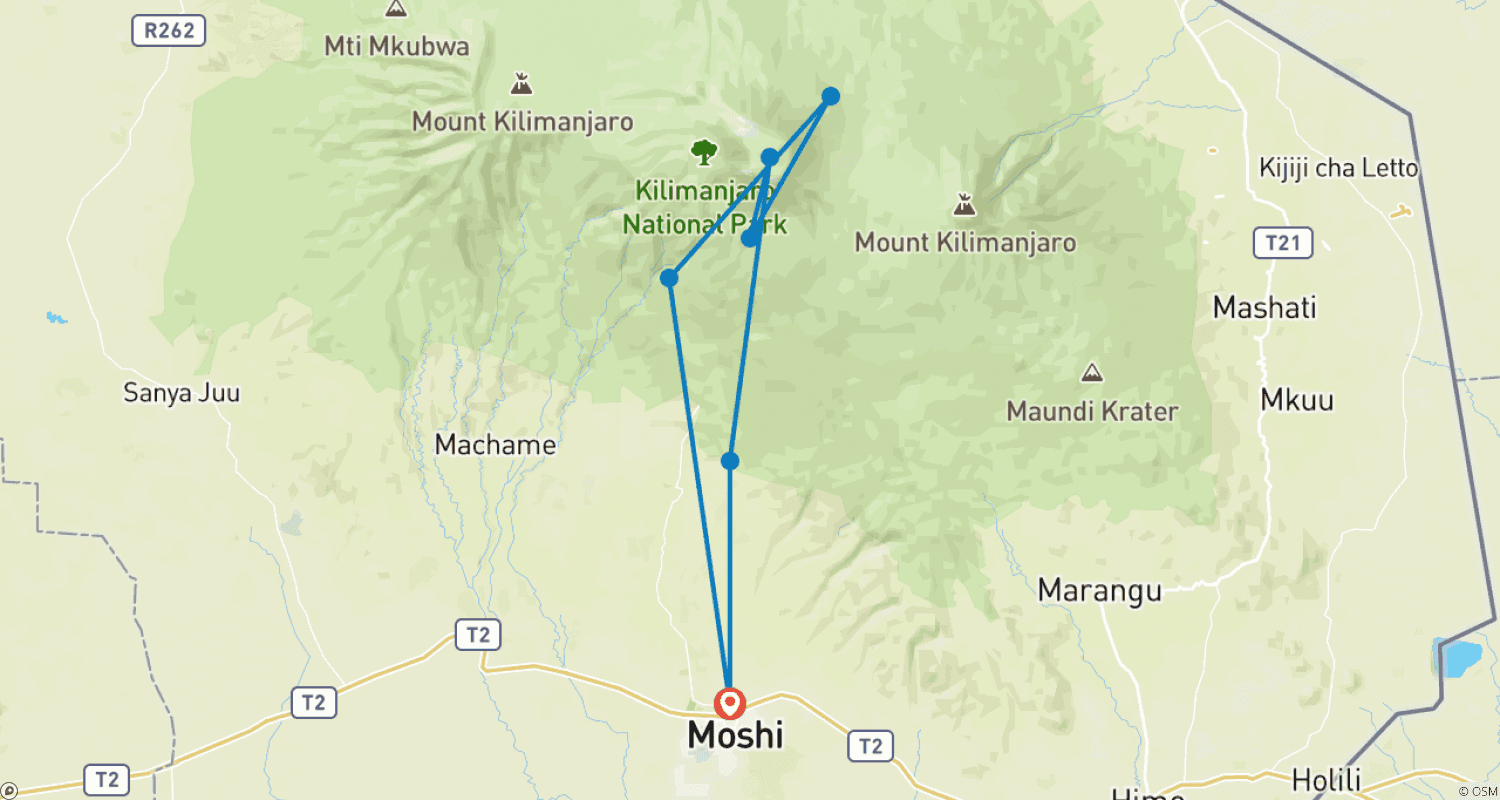 Mapa do percurso de 8 Dias de Trekking no Kilimanjaro pela Rota Umbwe