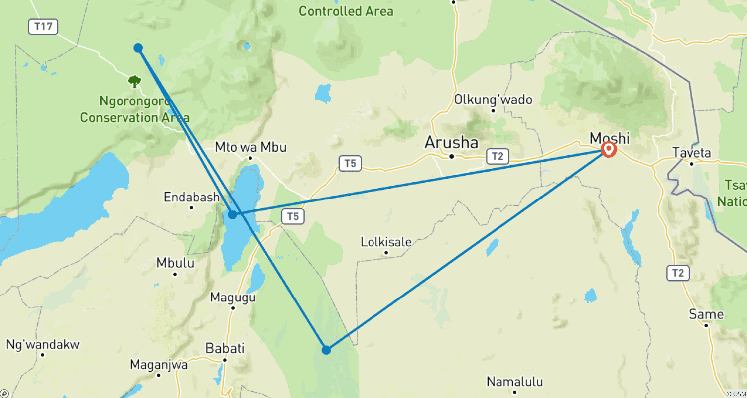 Mapa do percurso de Safari de 3 Dias - Manyara / Ngorongoro / Tarangire