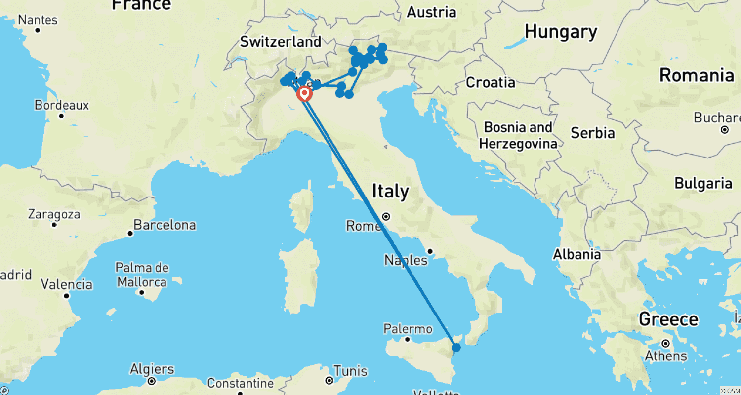 7 Days Northern Lakes and Dolomites Tour - from Milanのルートマップ
