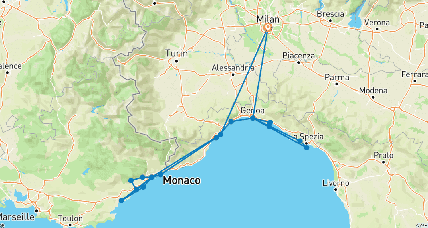 Mapa do percurso de Tour de 7 Dias pela Riviera Italiana e Costa Francesa - saindo de Milão