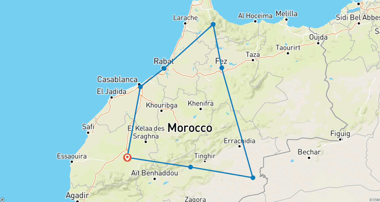 Mapa trasy: Jednotygodniowa wycieczka po Maroku z Marrakeszu