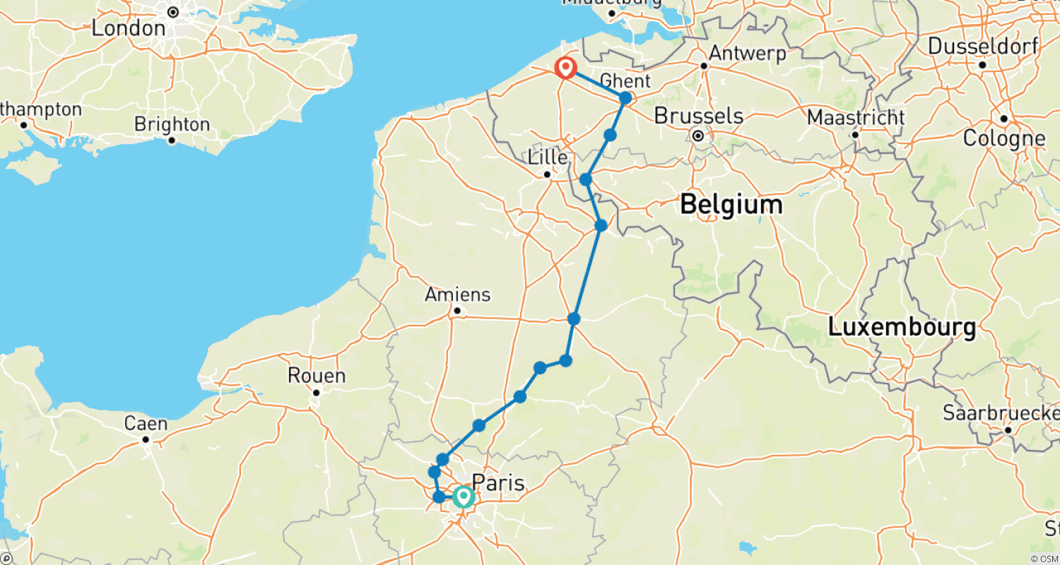 خريطة مسار باريس إلى بروج (Brugge)، بالدراجة والقارب في فرنسا وبلجيكا