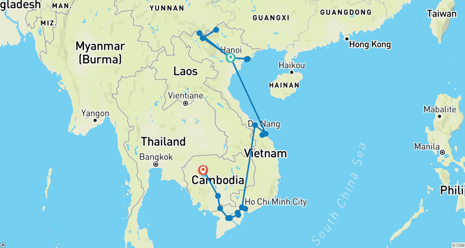 Mapa do percurso de Grande Vietnã - Camboja Tour - 20 dias