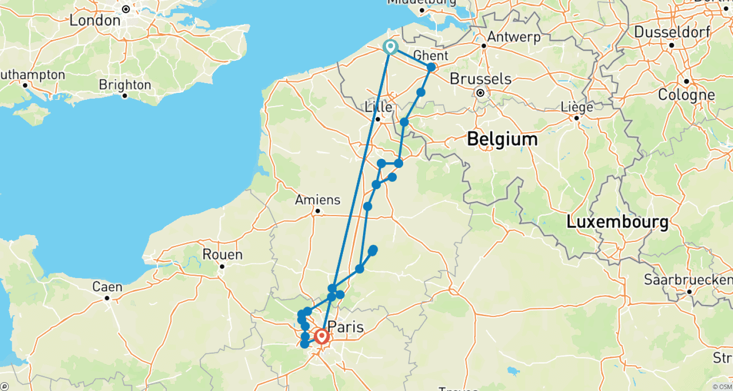 خريطة مسار من بروج (Brugge) إلى باريس، جولة بالدراجة والبارجة في بلجيكا وفرنسا