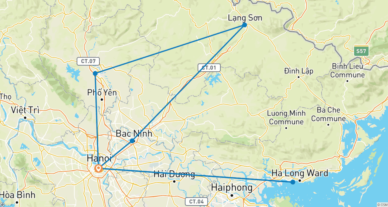 Mapa do percurso de Pedale pelo Vietnã Rural