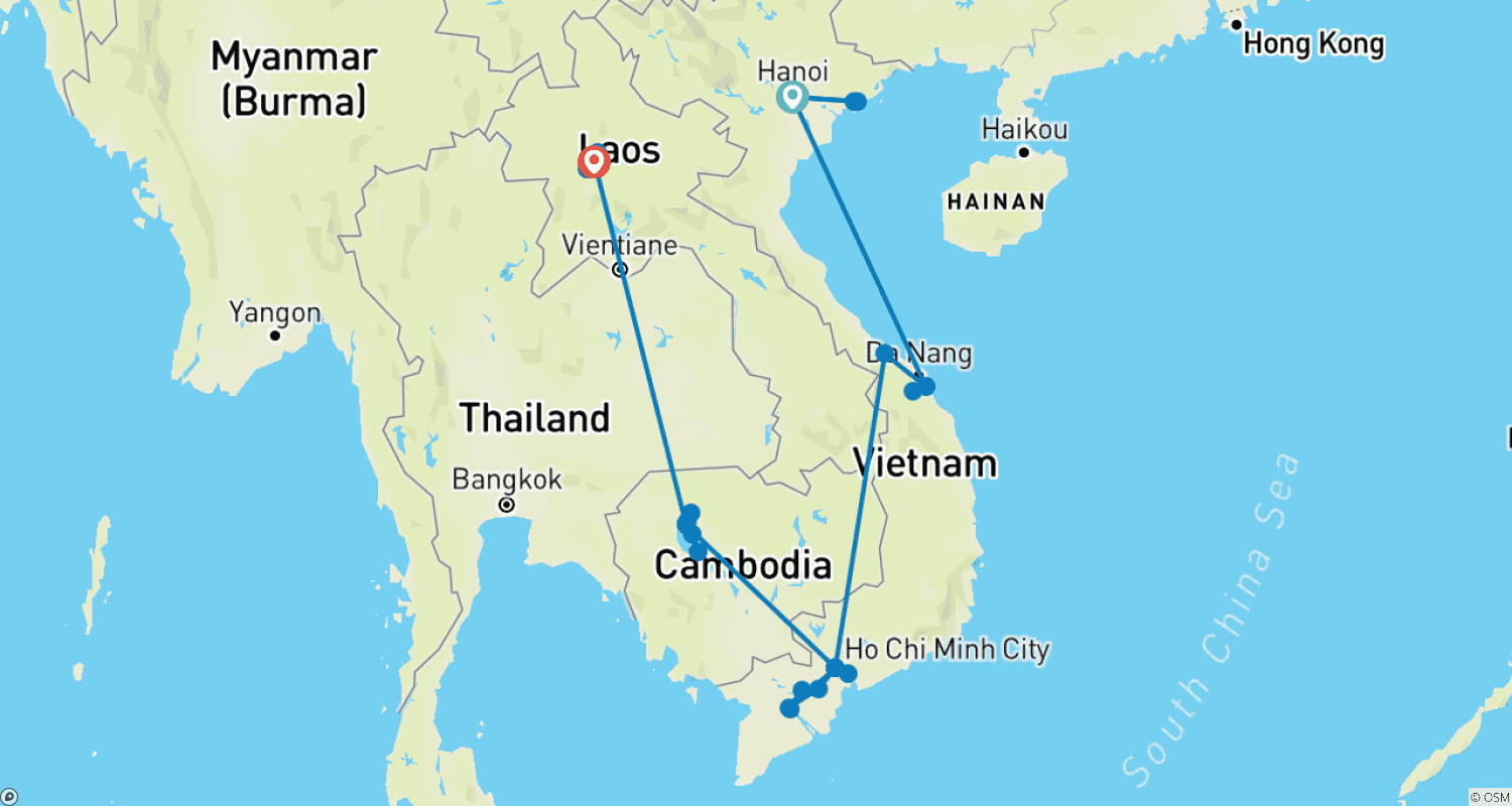 Mapa do percurso de Destaques do Vietnã - Camboja e Laos Tour - 17 Dias