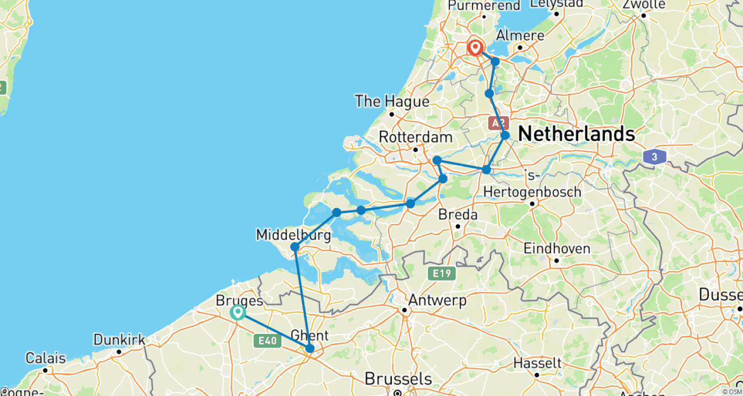 Mapa do percurso de De Bruges a Amsterdã, Cicloturismo e Barca na Bélgica e na Holanda