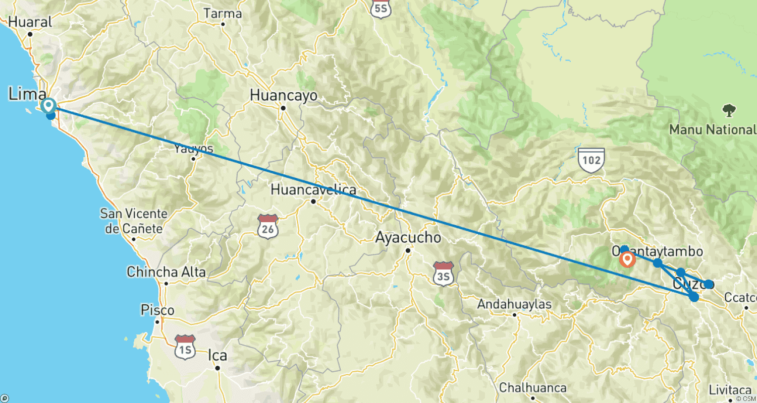 Mapa do percurso de Excursão de 6 Dias de Lima: Cusco, Machu Picchu e Vale Sagrado