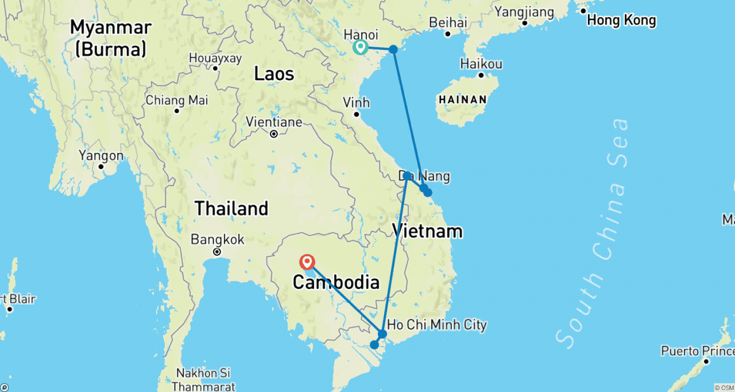 Mapa do percurso de Melhor do Vietnã e Camboja - Tour de 14 dias