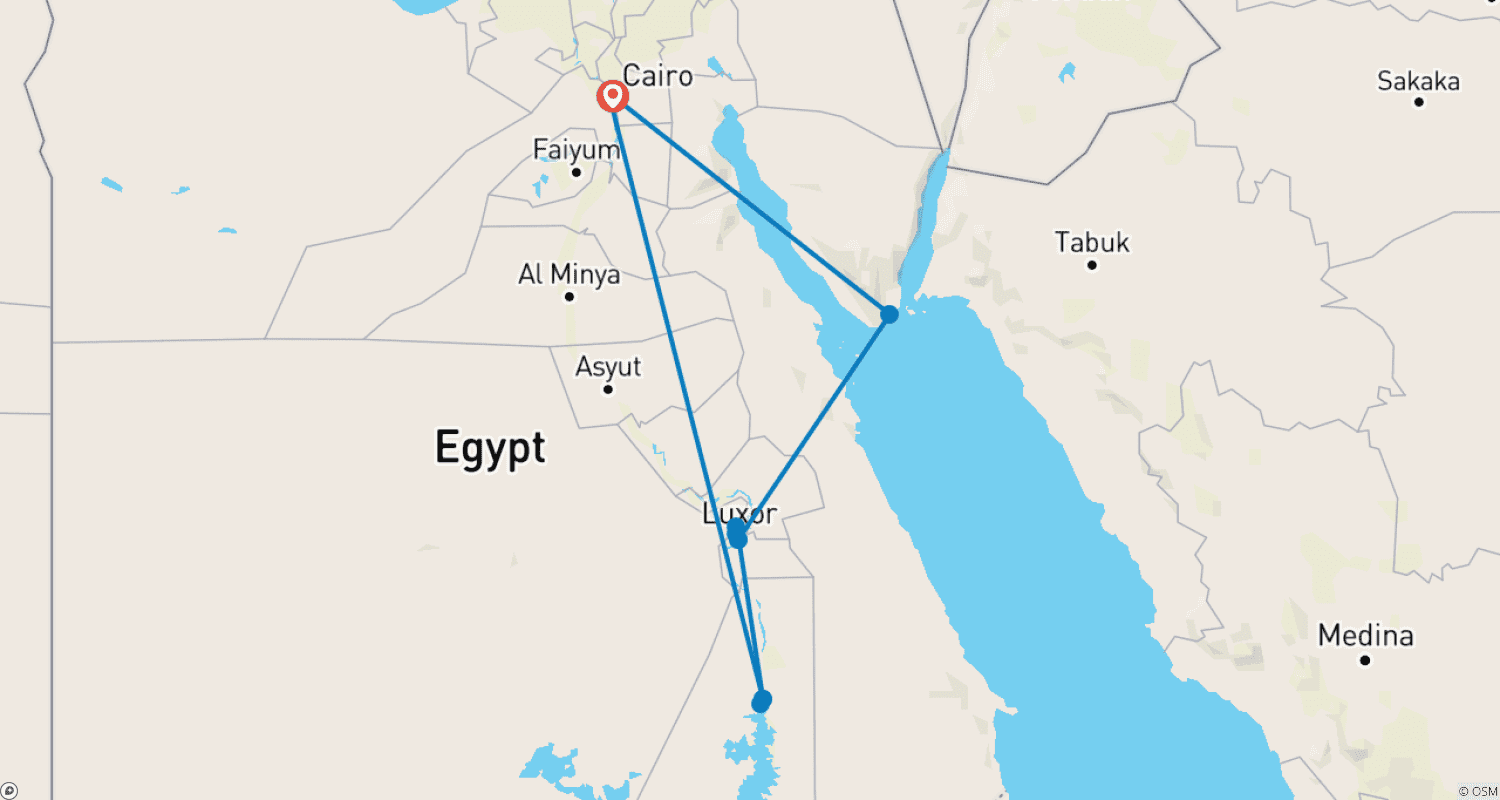 Mapa do percurso de 9 Dias Cairo, Aswan e Luxor com Férias em Sharm El Sheikh (Visita ao Museu GEM)