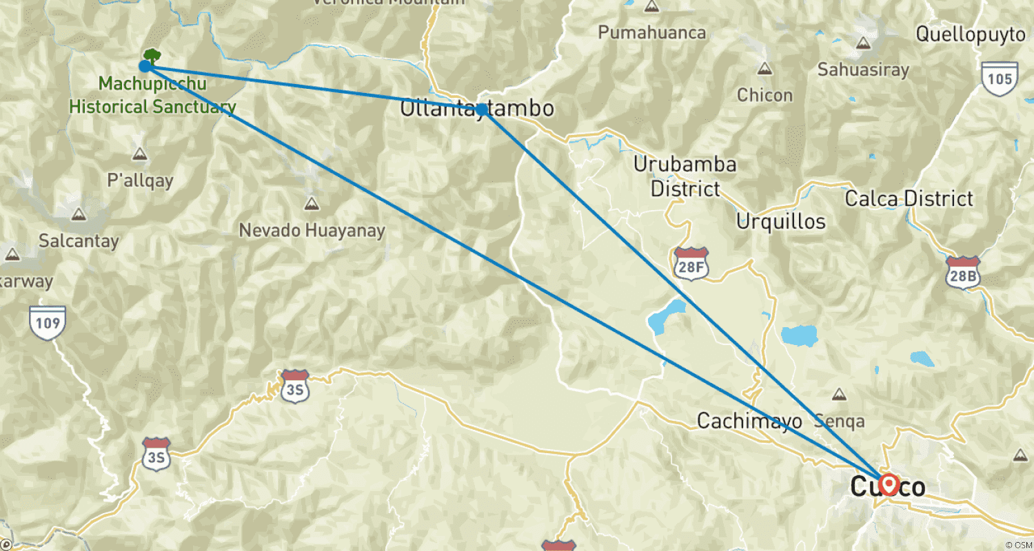 Mapa do percurso de Trilha Inca Curta para Machu Picchu com Hotel 2 Dias