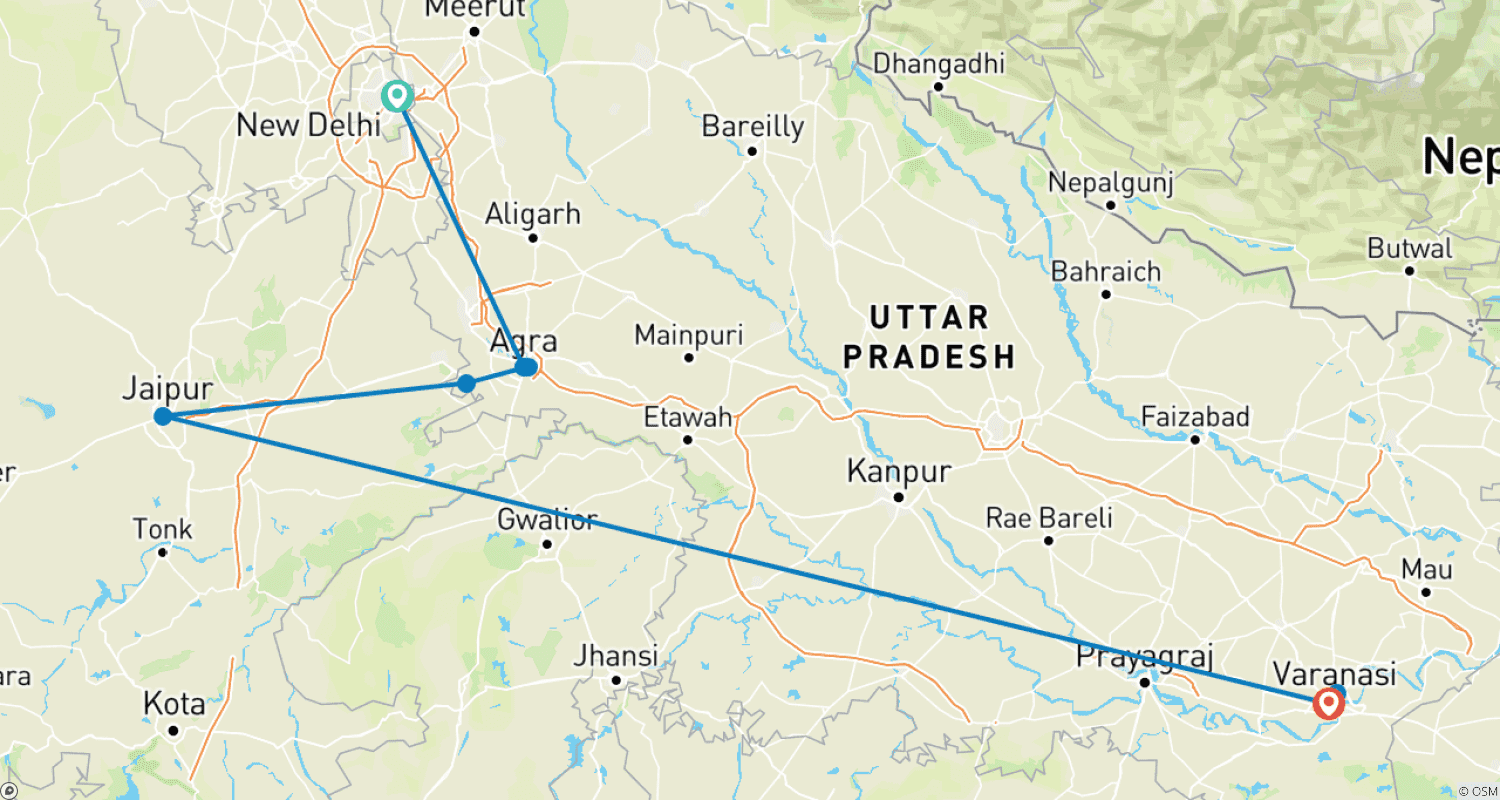 Mapa trasy: 8-dniowa wycieczka Złotym Trójkątem z Varanasi!