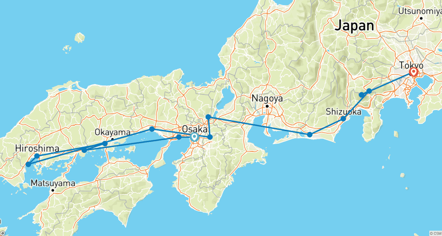 Mapa trasy: Japonia – zachwyty z Hiroszimą (prywatne pokoje w hotelach 3*)