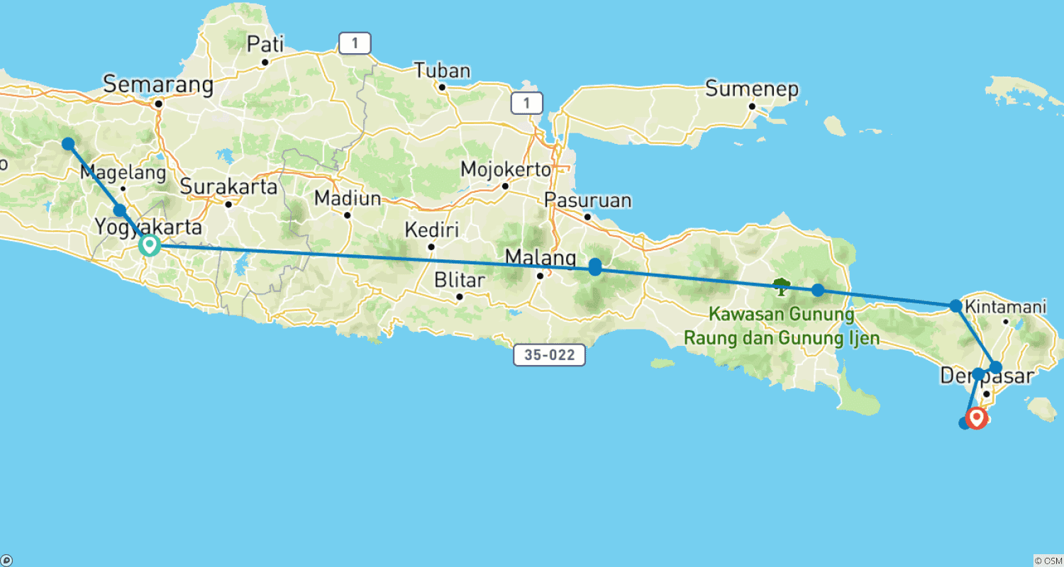 Mapa do percurso de Incríveis Passeios por Java e Bali: Privados e Com Tudo Incluído