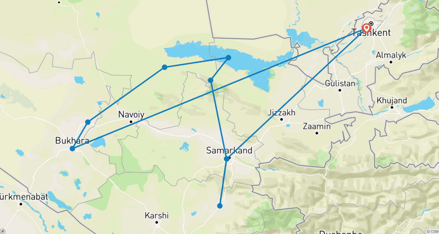 Mapa trasy: Wycieczka do Magicznej Krainy Uzbekistanu - Prywatna Wycieczka