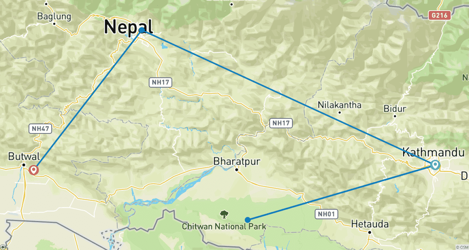 Mapa do percurso de Safari na Selva de Chitwan