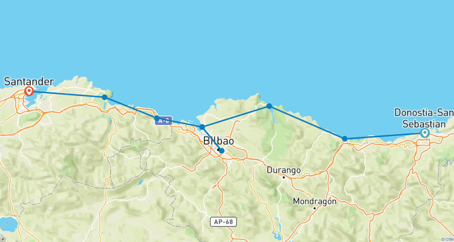 Mapa do percurso de Norte da Espanha. San Sebastián a Santander. 7 Noites. Autoguiado.