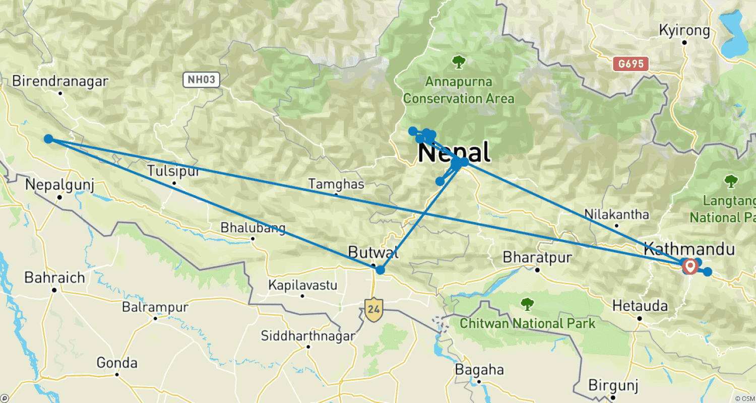 Mapa do percurso de Vislumbres do Nepal: Trekking em Poon Hill e Aventura na Vida Selvagem