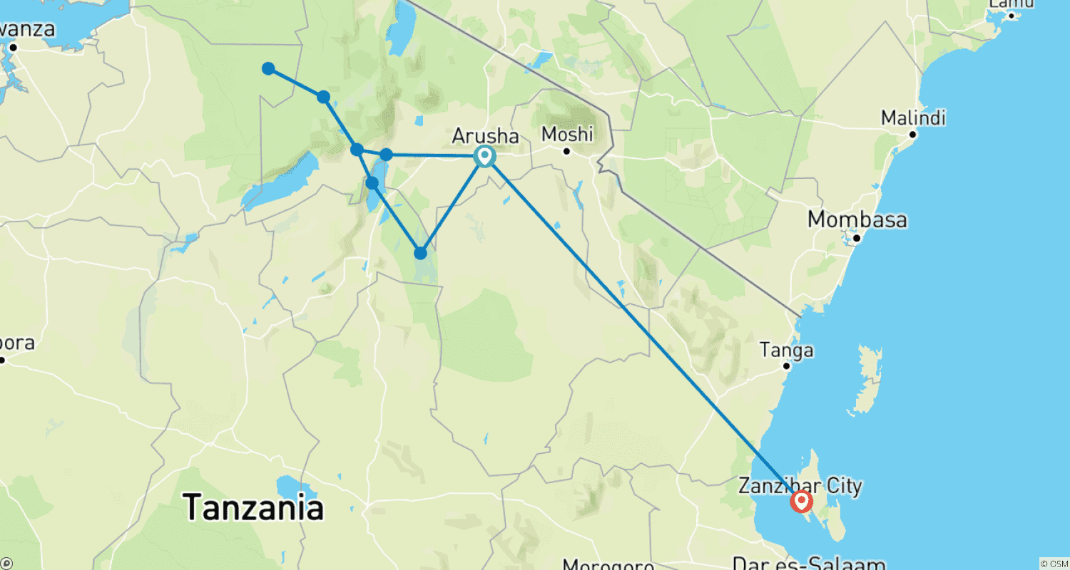 Mapa do percurso de 12 Dias de Safári de Vida Selvagem na Tanzânia e Férias na Praia em Zanzibar