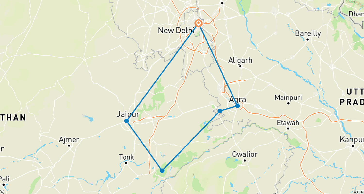 Mapa trasy: Wycieczka Złotym Trójkątem z Ranthambore