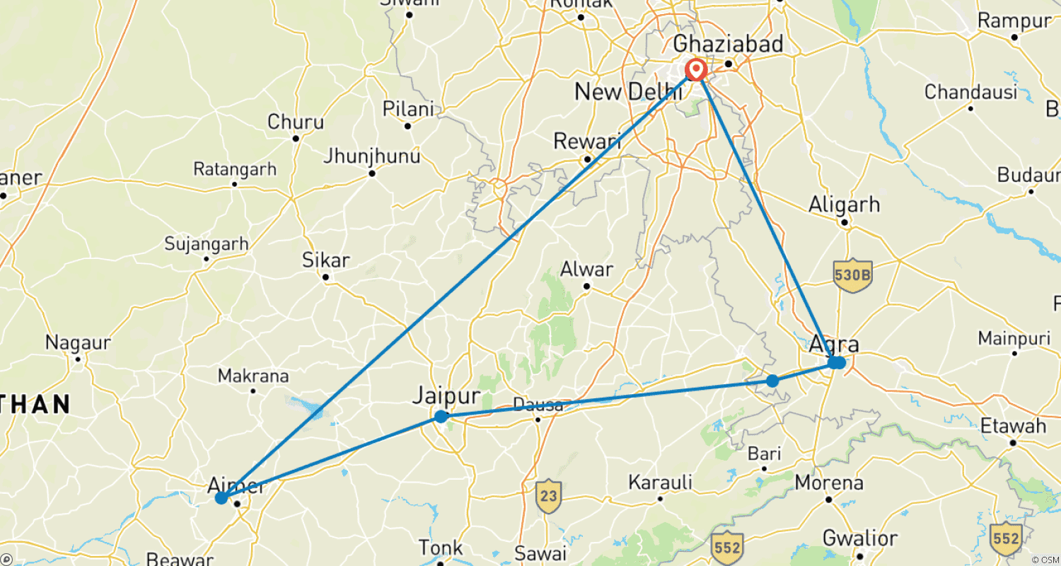 Mapa trasy: Wycieczka po Złotym Trójkącie z Pushkar