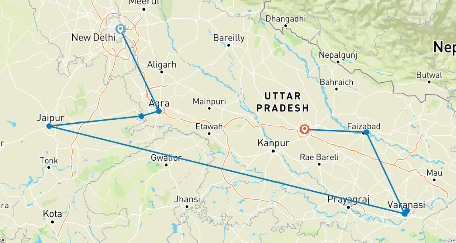 Mapa trasy: Wycieczka po Indiach: Świątynie Taj i Święty Ganges