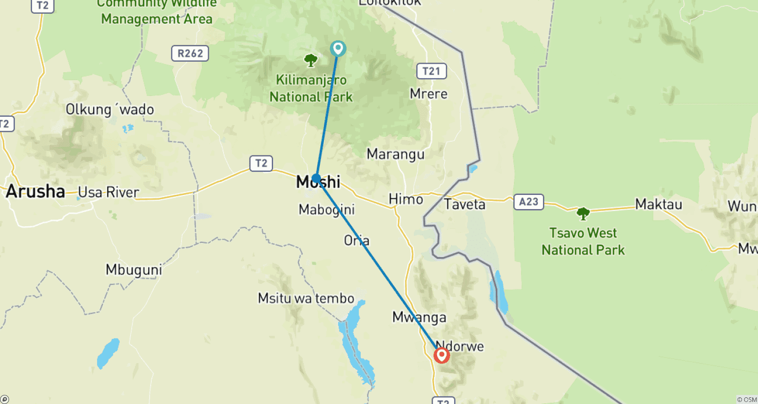 Mapa do percurso de Escalada ao Kilimanjaro - Rota Lemosho