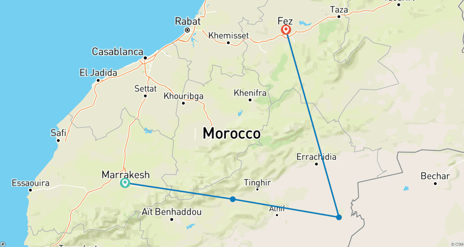Mapa trasy: 3-dniowa wycieczka po pustyni z Marrakeszu do Fezu