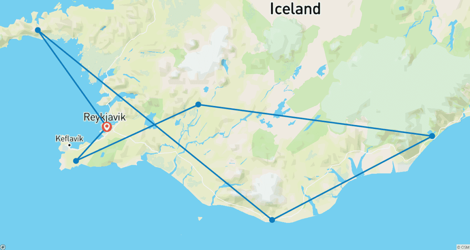 خريطة مسار ICELAND – Golden Circle South Coast with Northern Lights