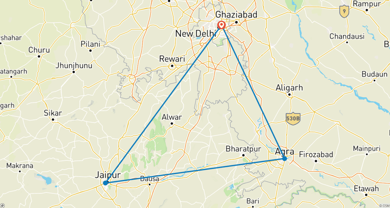 Mapa do percurso de Excursão Triângulo Dourado com Hotel 3 Estrelas