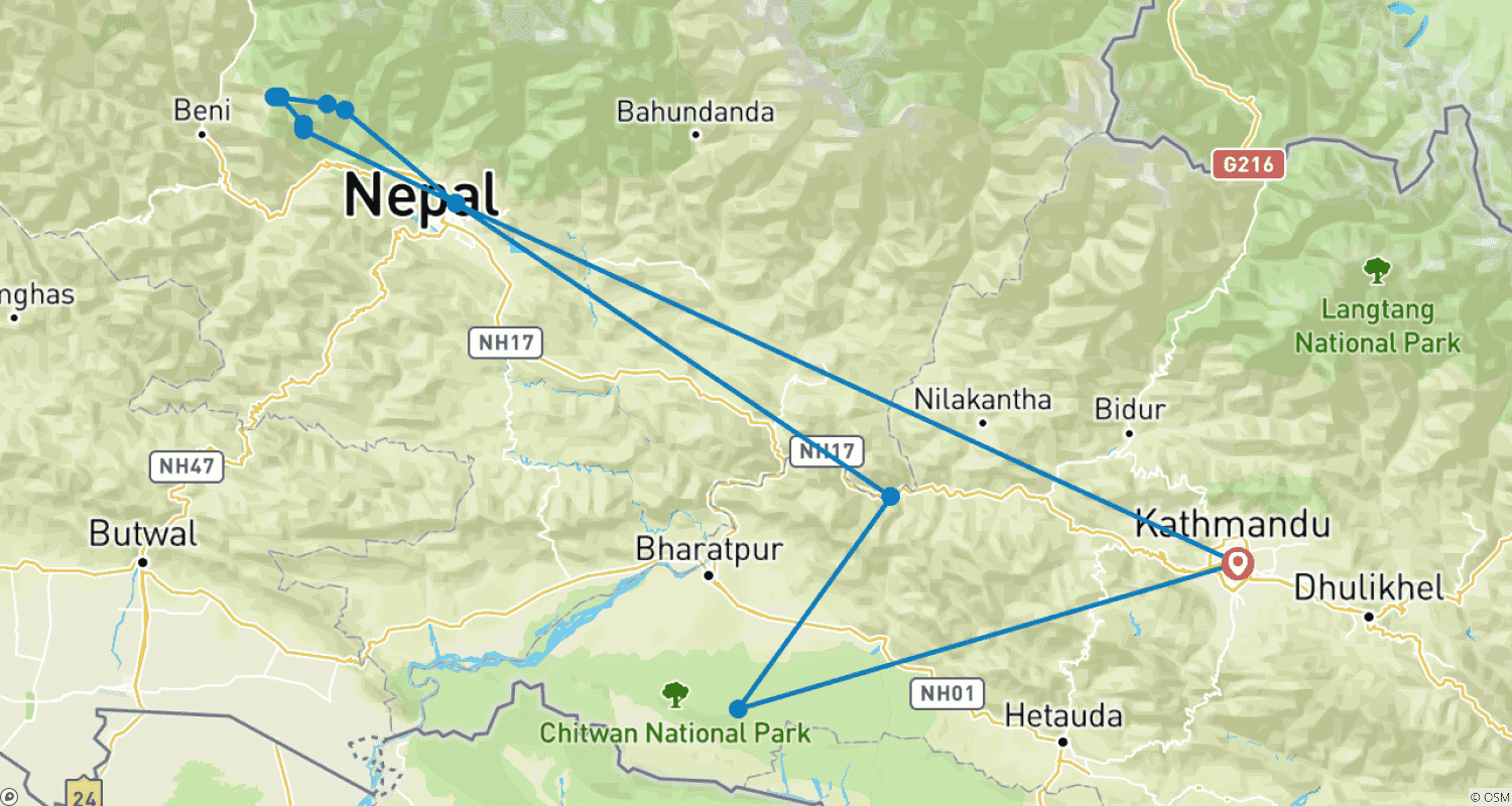 Mapa trasy: Ghorepani Poon Hill i Safari w Dżungli Chitwan 7 Nocy 8 Dni