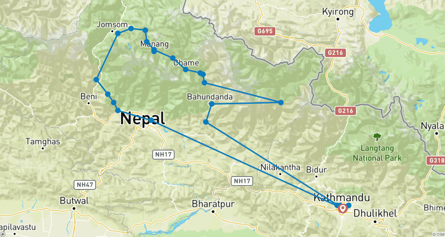 Mapa do percurso de Annapurna Circuit