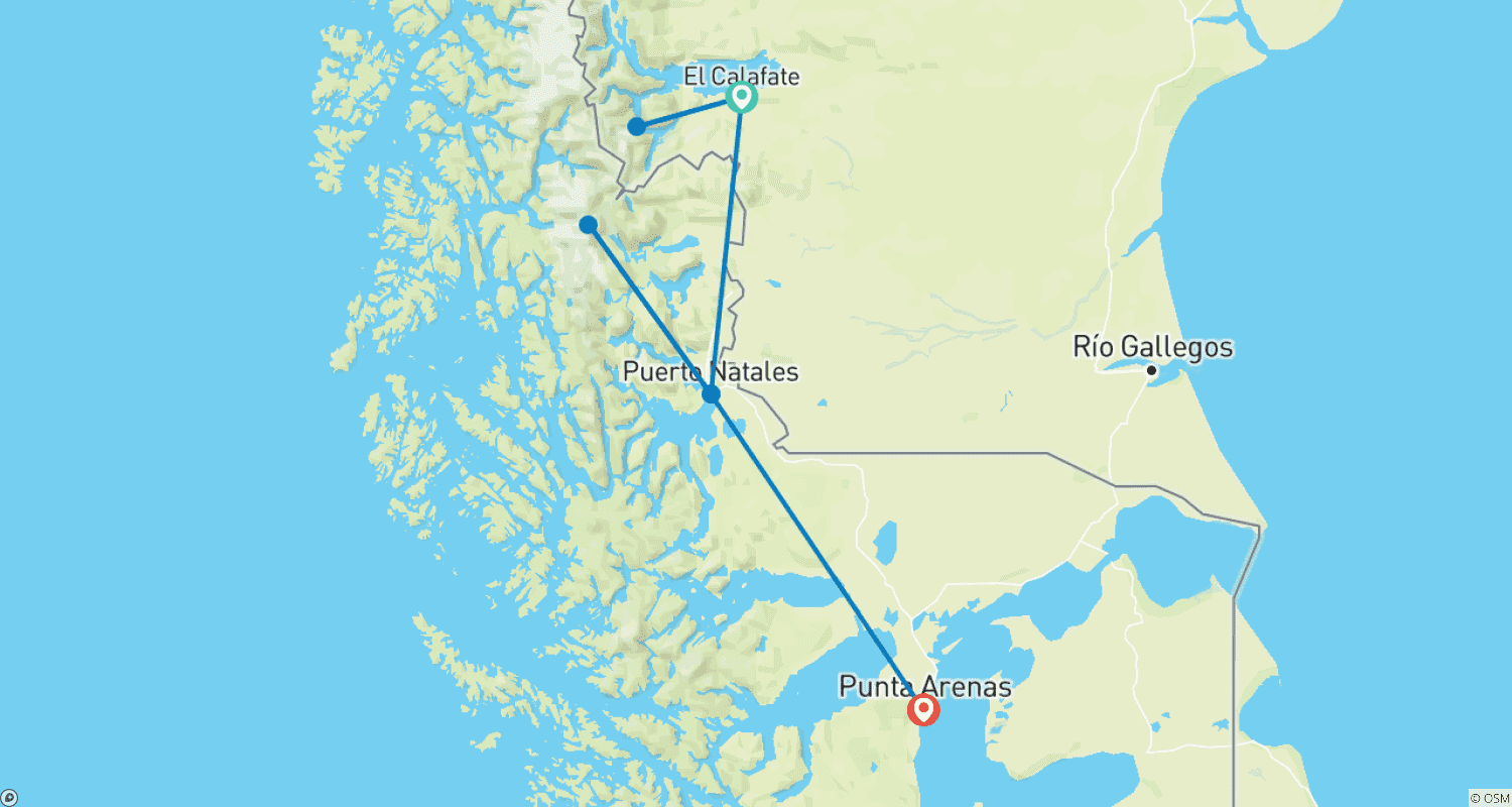 Mapa do percurso de Geleiras e Torres del Paine. De El Calafate a Punta Arenas (5 Dias)