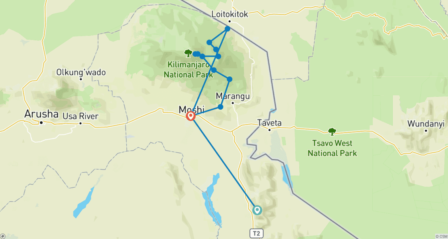 خريطة مسار 6 Days 5 nights Climb Mt Kilimanjaro via Rongai Route