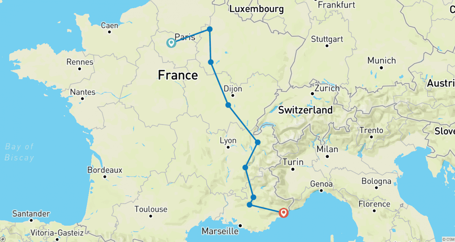 ブドウ畑と山々を巡るパリからニースへの旅(ランスからUriage les Bainsまで)のルートマップ