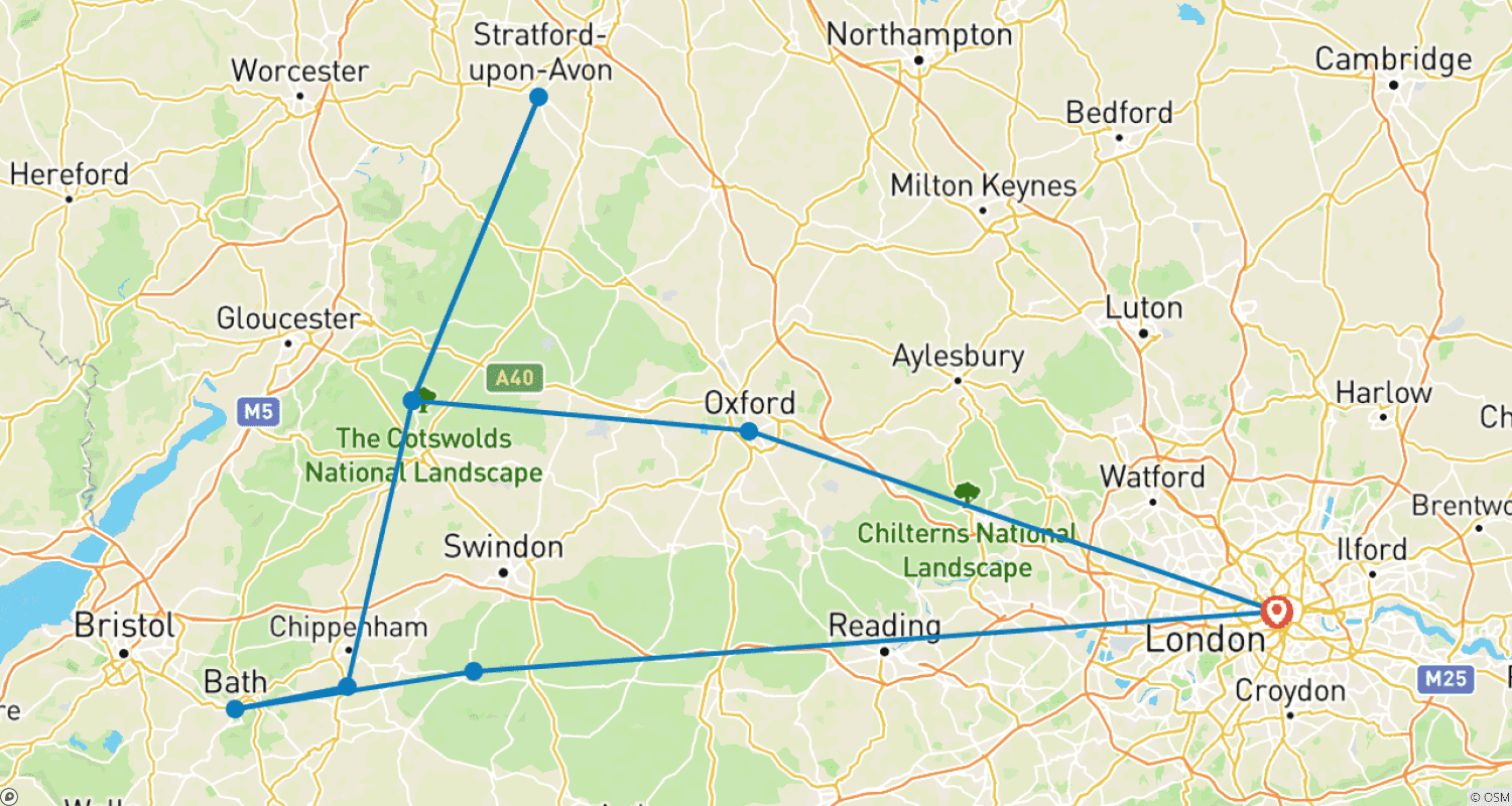 Mapa do percurso de Coração da Inglaterra (de Londres a Cotswolds)