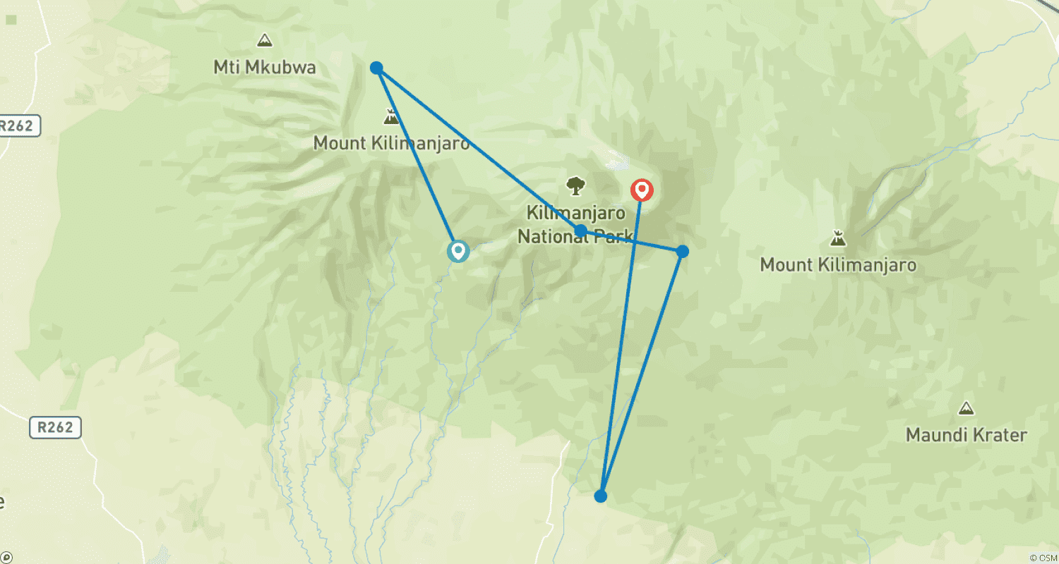 Mapa do percurso de 6 Dias e 5 Noites de Escalada ao Monte Kilimanjaro pela Rota Machame