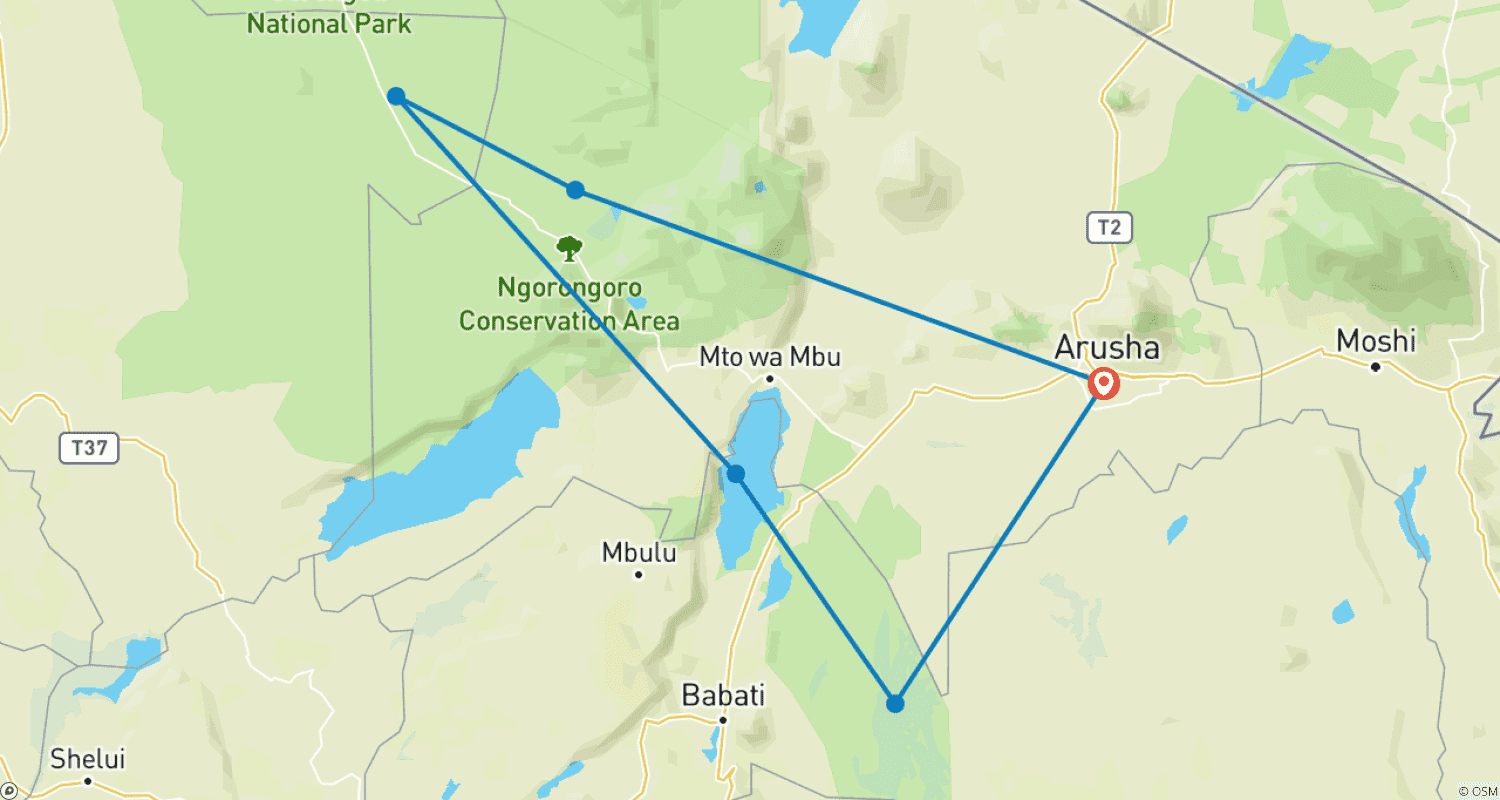 Mapa do percurso de Safári Clássico de 7 Dias na Tanzânia