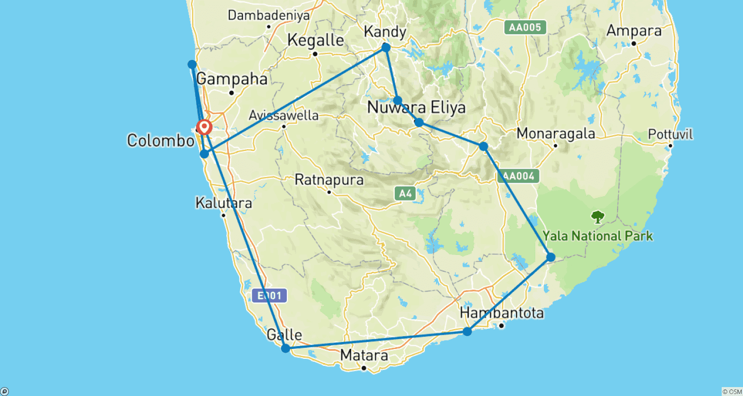 Mapa do percurso de Tour de 6 Dias da Vida Cativa de Seetha Amman