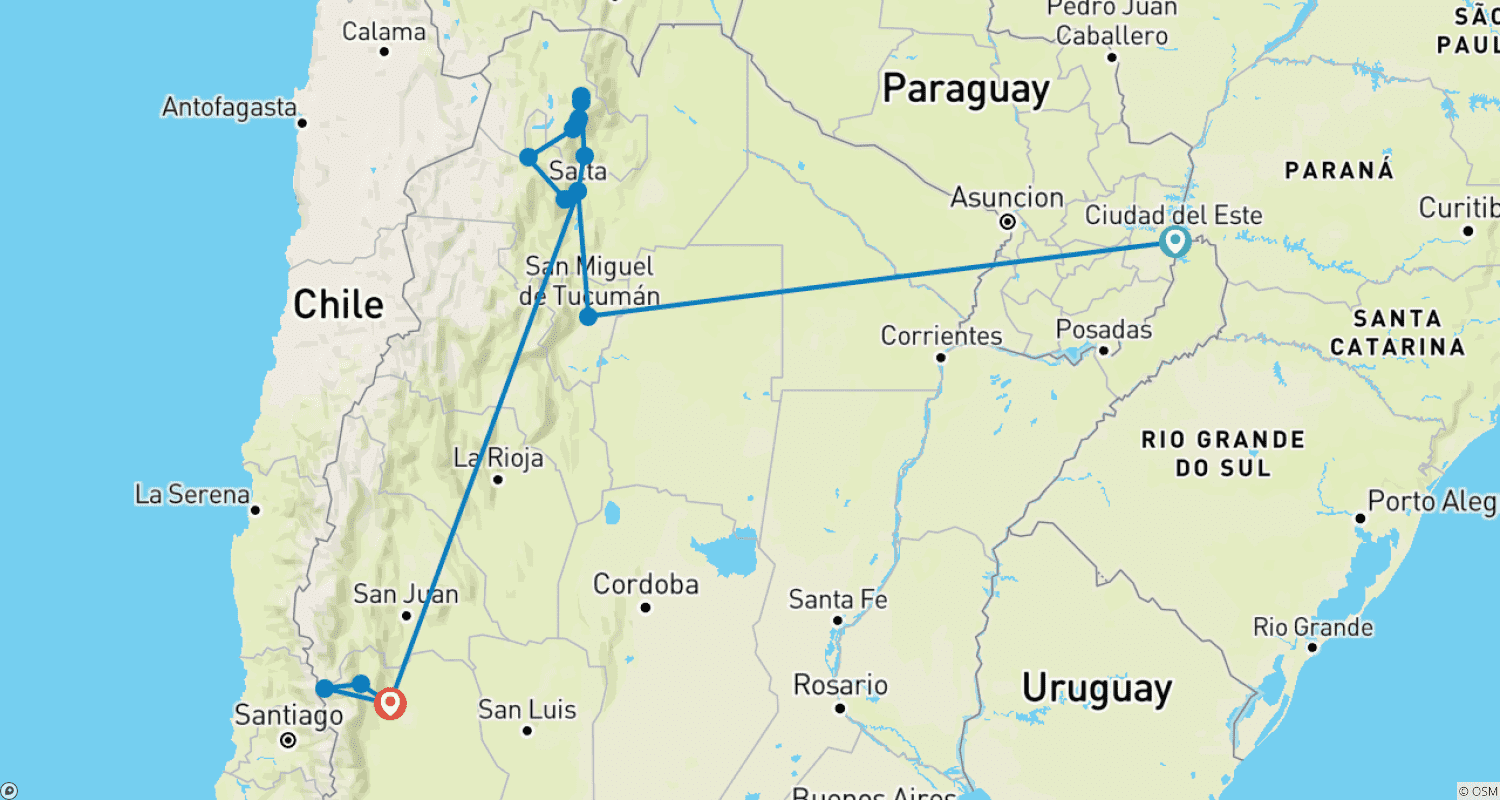 خريطة مسار From the Falls to the Andes 12 Days